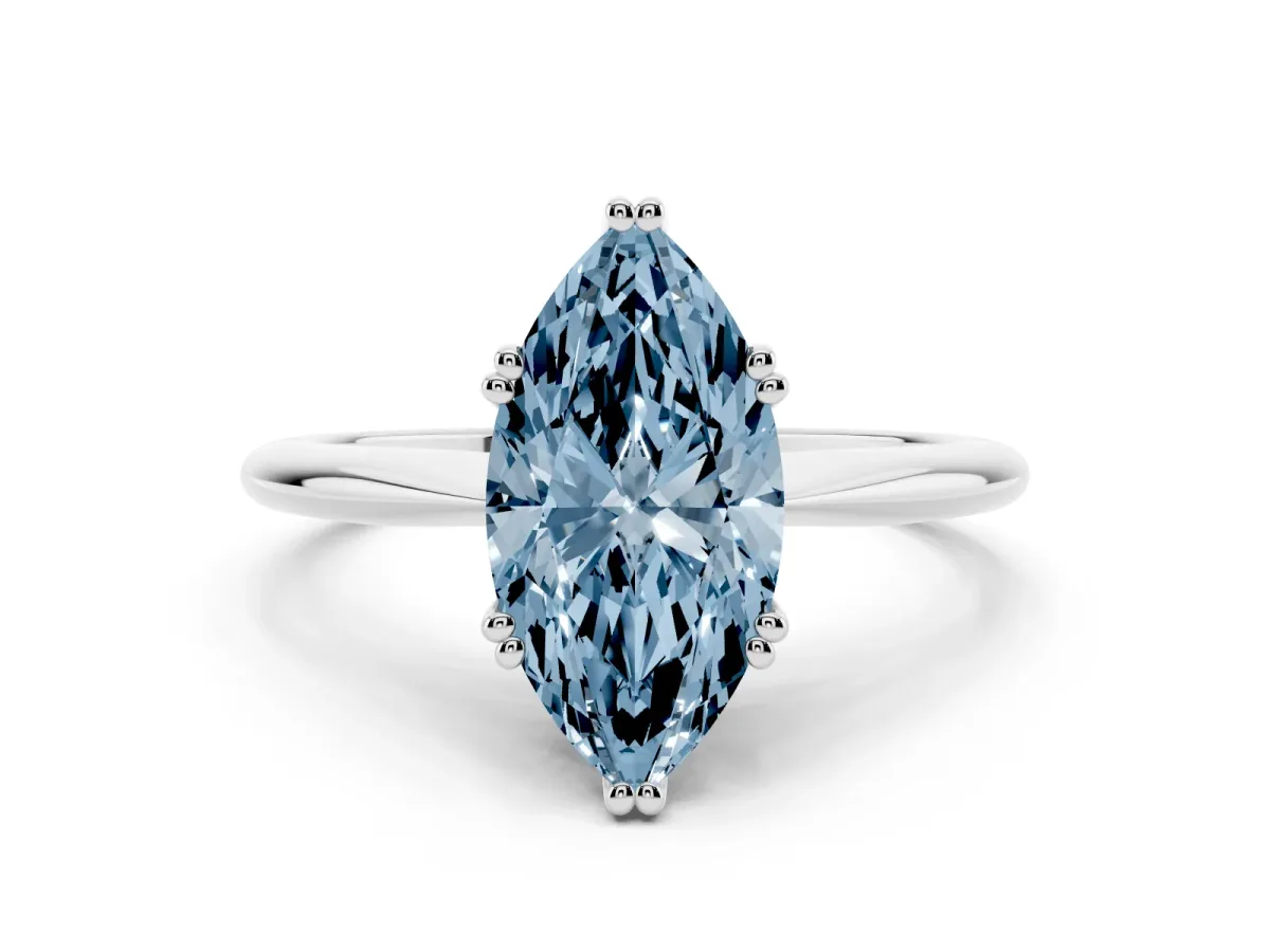 Fancy Blue Marquise Cut Solitaire Diamond Ring with Six-Prong Setting and Classic Band Platinum