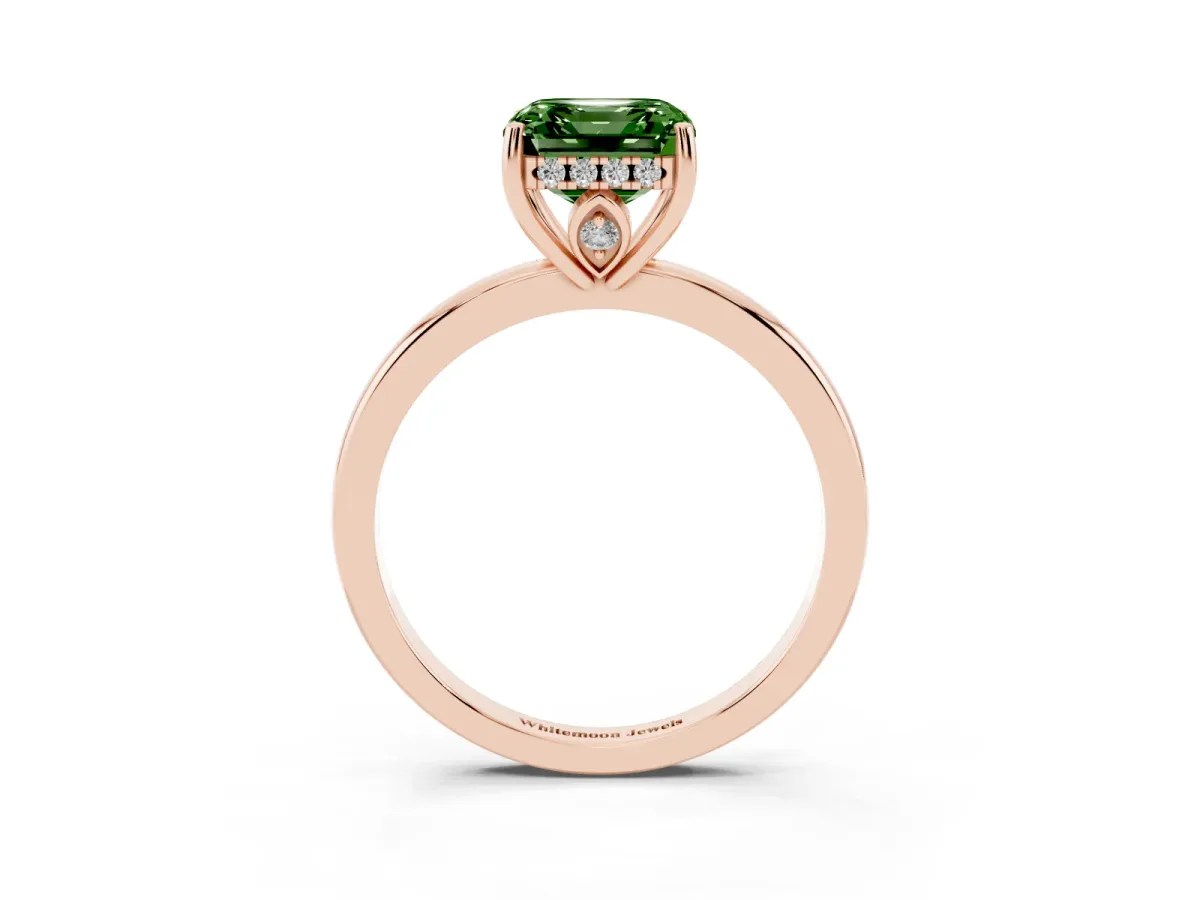 Fancy Green Asscher Cut Solitaire Diamond Ring with Prong Setting and Plain Band Rose gold