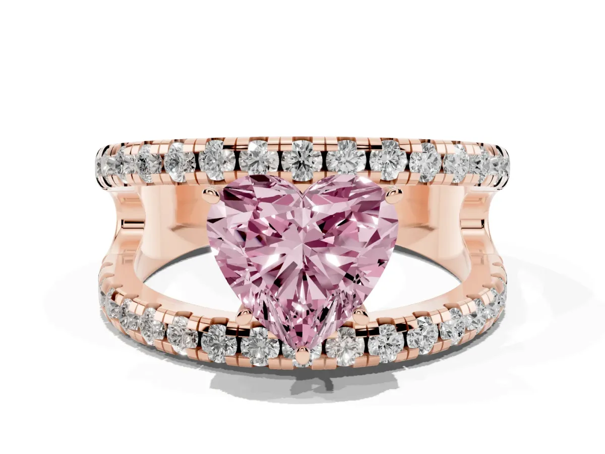 Fancy Pink Heart Cut Solitaire Split Shank Pave Diamond Ring Rose gold