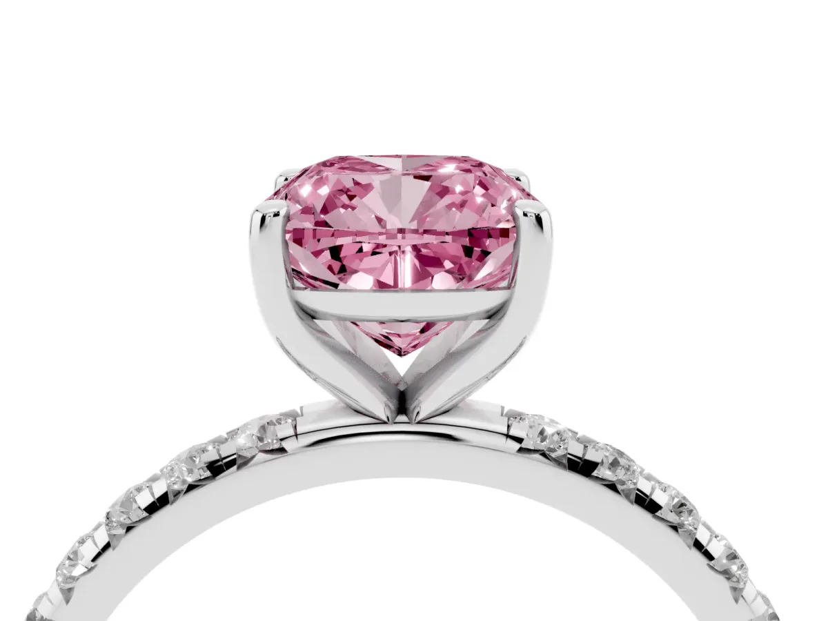 Fancy Pink Cushion Cut Cut Diamond Solitaire Ring with Micro Pave Band and Four Prong Setting Silver