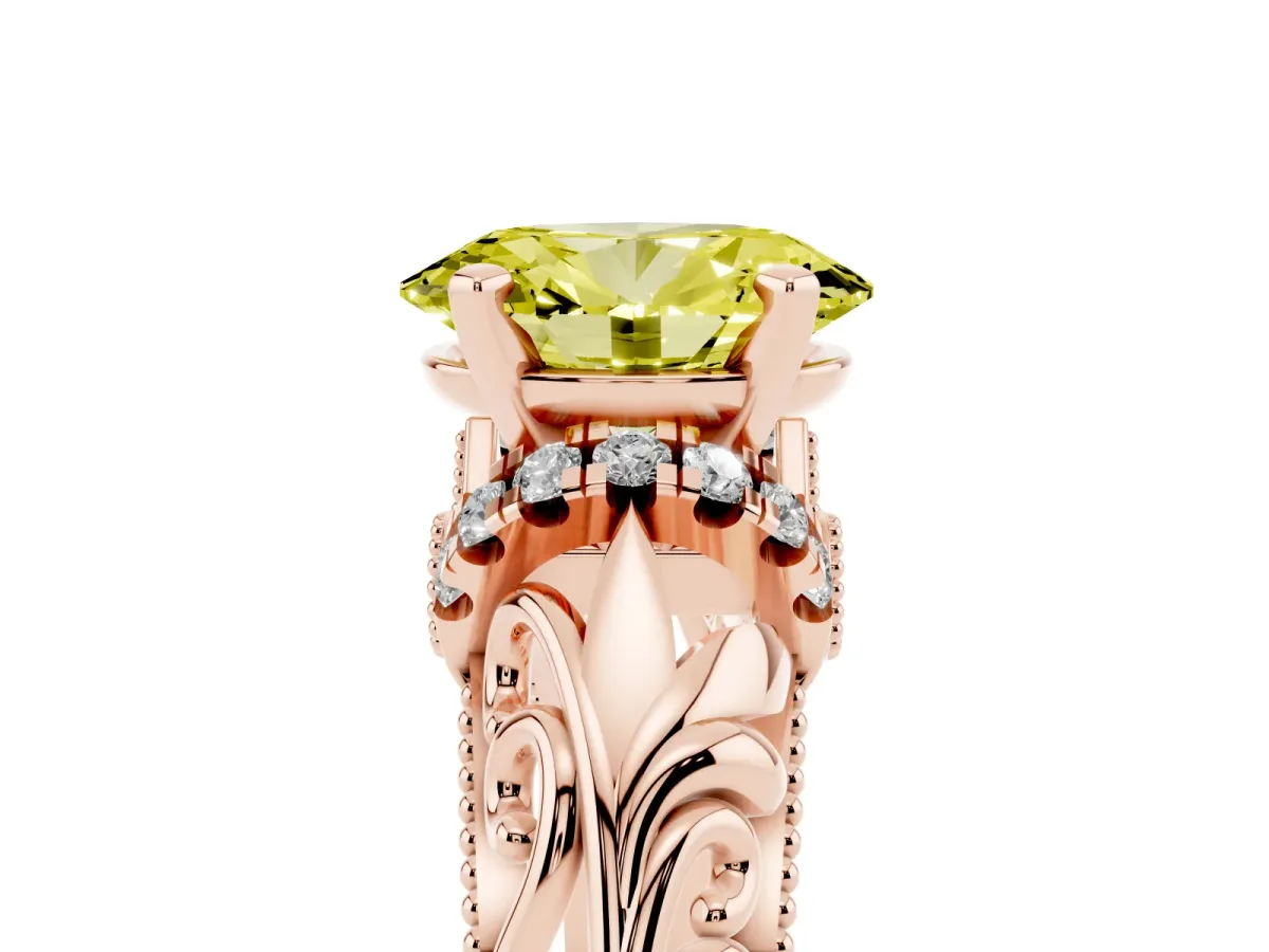 Fancy Yellow Oval Cut Solitaire Filigree Engagement Ring with Halo and Prong Setting Rose gold