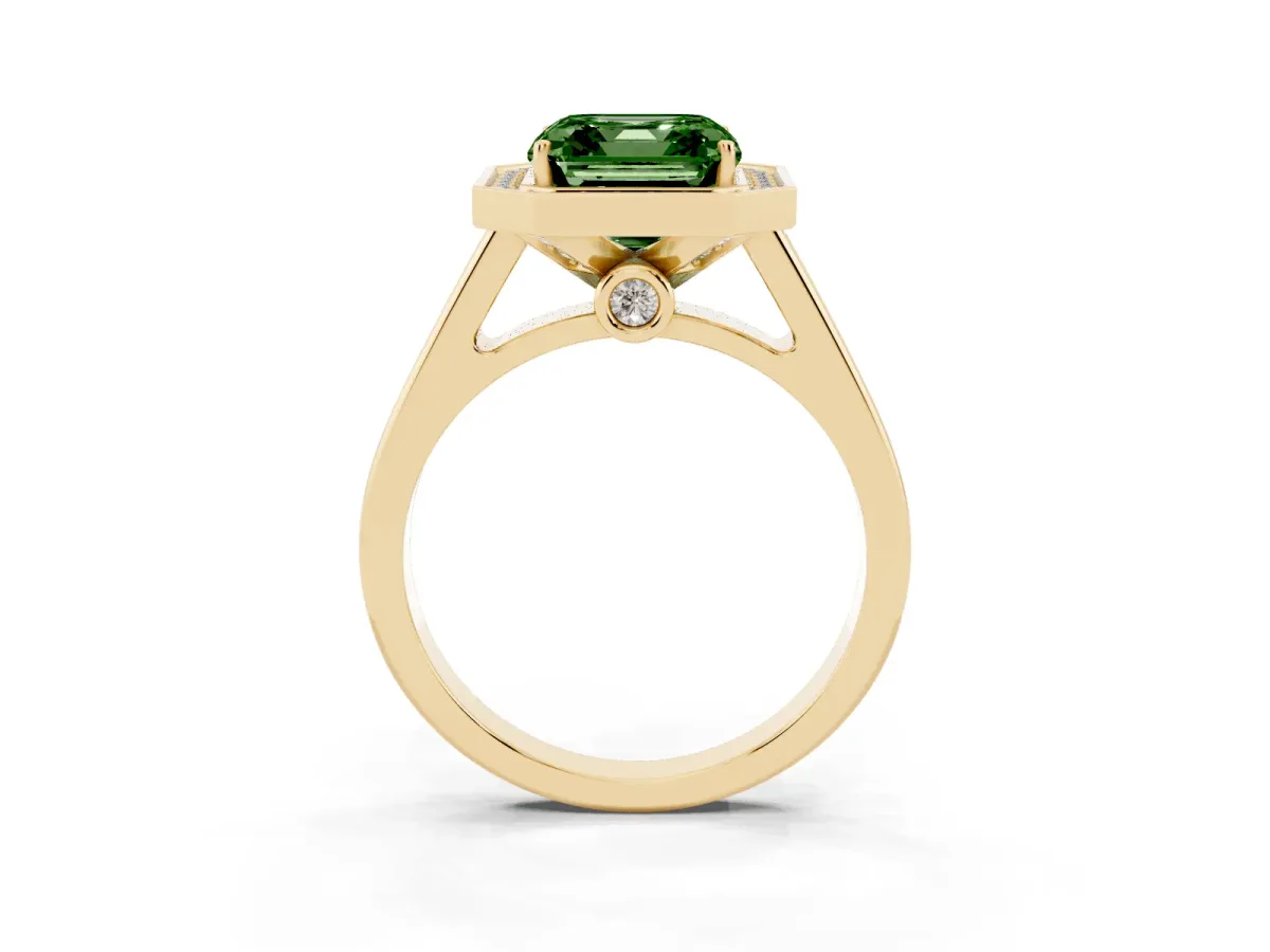 Fancy Green Asscher Cut Halo Solitaire Diamond Ring with Pave Band and Bezel Setting Yellow gold