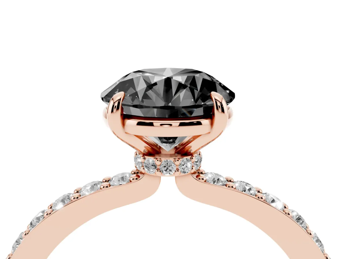 Fancy Black Round Cut Diamond Pavé Engagement Ring with Round Accents and Prong Setting Rose gold