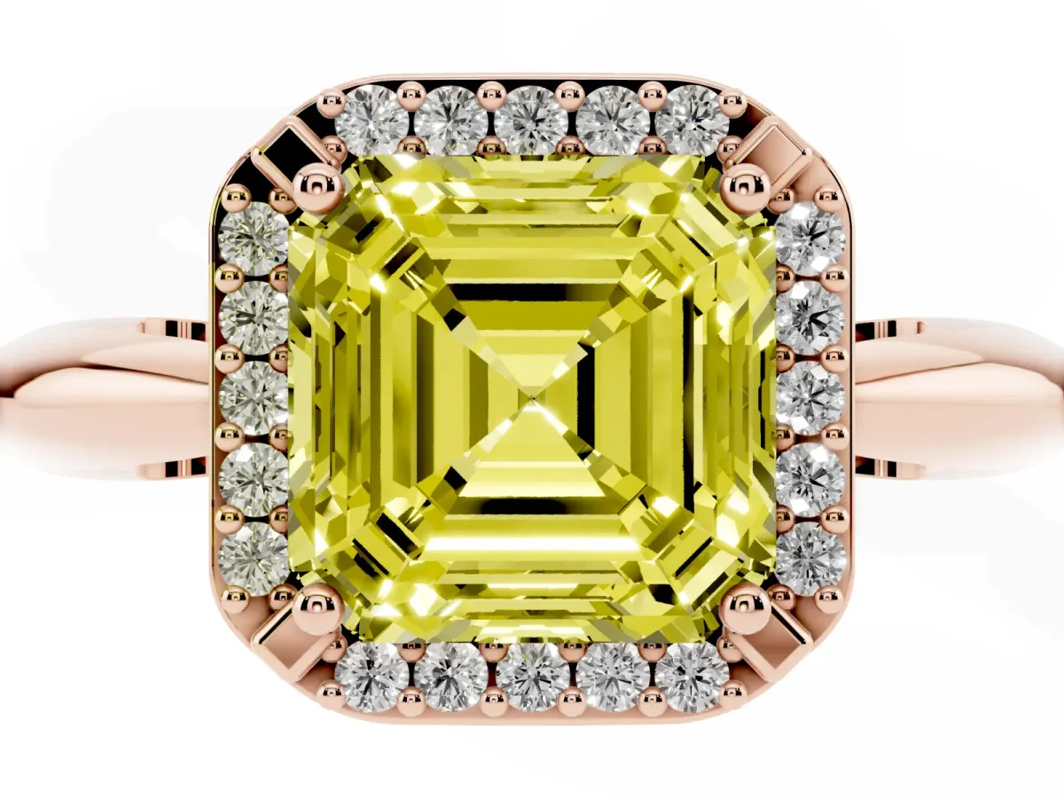 Fancy Yellow Asscher Cut Cut Diamond Halo Engagement Ring with Split Shank and Four-Prong Setting Rose gold