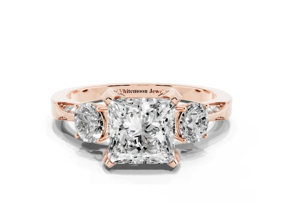 Princess Cut Brilliant Three-Stone Diamond Ring with Pavé Band and Four-Prong Setting Rose gold