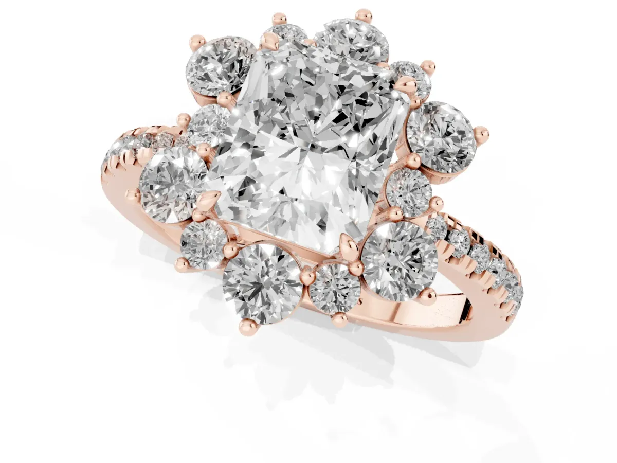 Radiant Cut Diamond Floral Halo Ring with Round Pavé Band and Prong Setting Rose gold