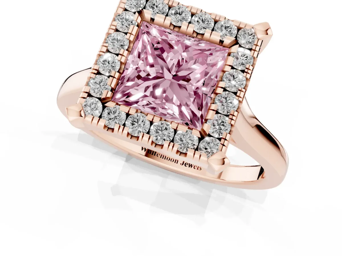Fancy Pink Princess Cut Diamond Cluster Halo Solitaire with Four-Prong Setting Rose gold