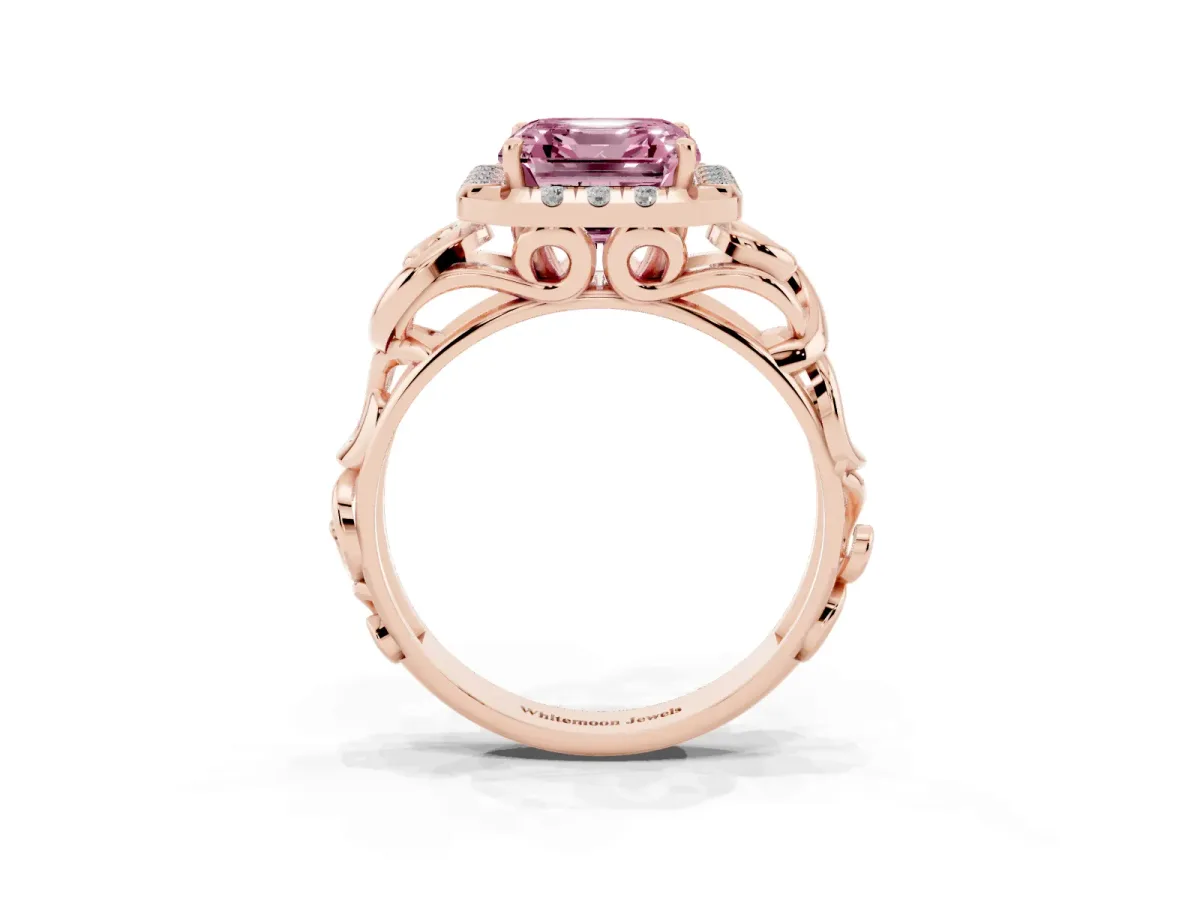 Fancy Pink Asscher Cut Cut Halo Diamond Ring with Scrollwork Band and Four-Prong Setting Rose gold