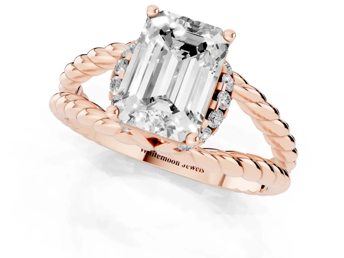 Emerald Cut Halo Twisted Band Four-Prong Ring Rose gold