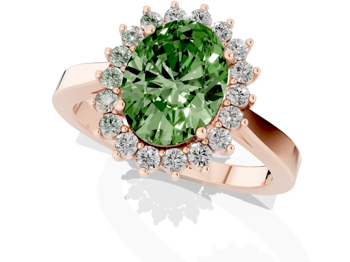 Fancy Green Oval Cut Cut Diamond Halo Ring with Round Brilliant Halo and Solitaire Band Rose gold