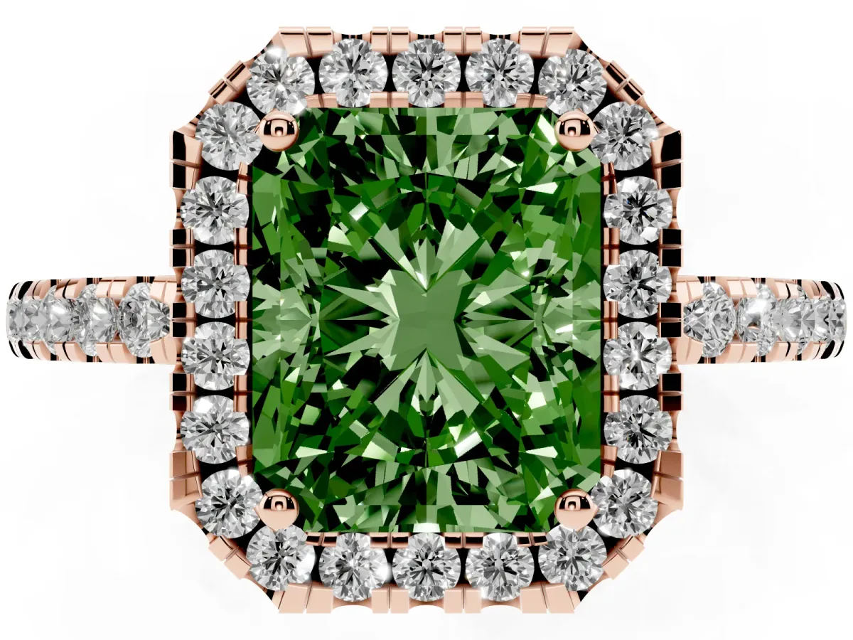 Fancy Green Radiant Cut Halo Diamond Engagement Ring with Pavé Band and Four-Prong Setting Rose gold
