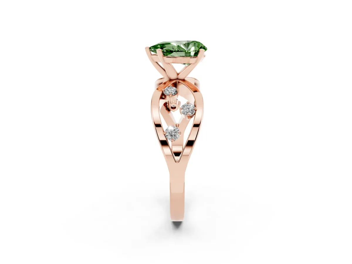 Fancy Green Pear Cut Cut Solitaire Diamond with Side Stones on Criss-Cross Band and Four-Prong Setting Rose gold