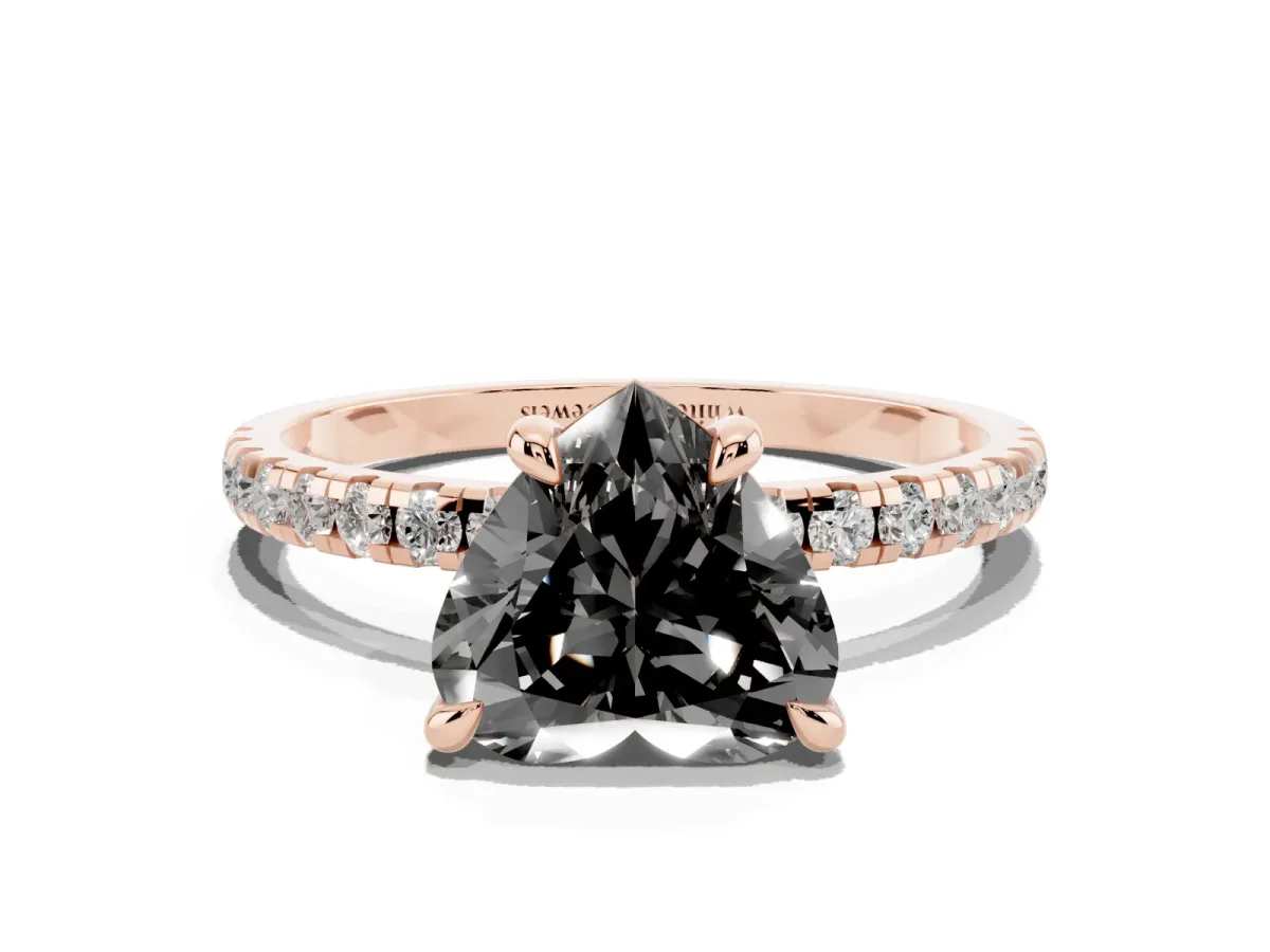 Fancy Black Heart Cut Diamond Brilliant Solitaire Ring with Pavé Band and Four-Prong Setting Rose gold