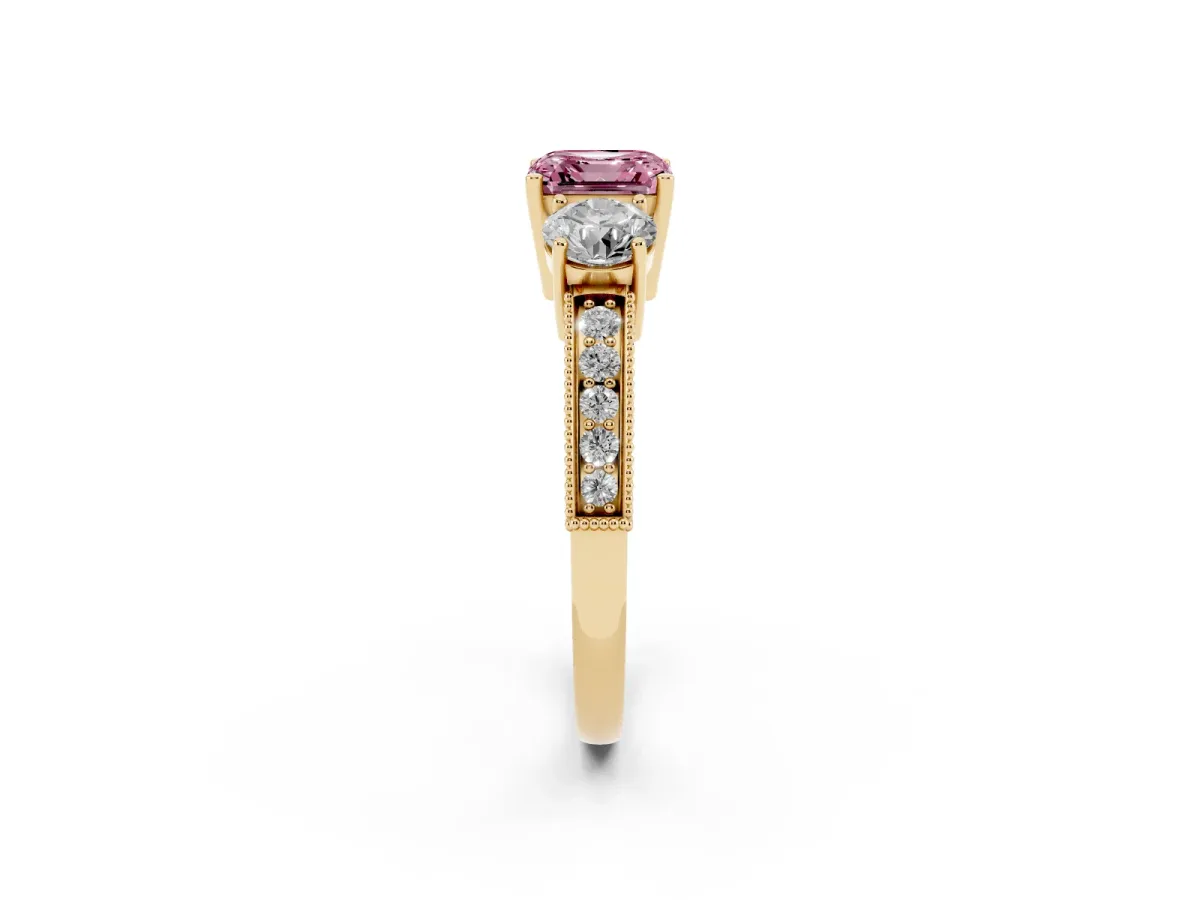 Fancy Pink Asscher Cut Three-Stone Diamond Ring with Pavé Band and Four-Prong Setting Yellow gold