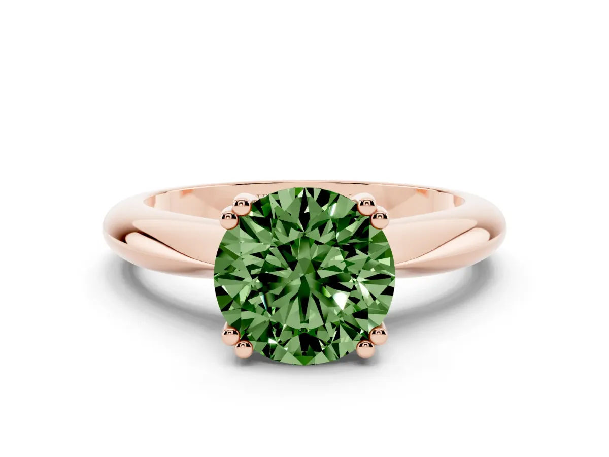 Fancy Green Round Cut Cut Solitaire Engagement Ring with Tapered Band and Four-Prong Setting Rose gold