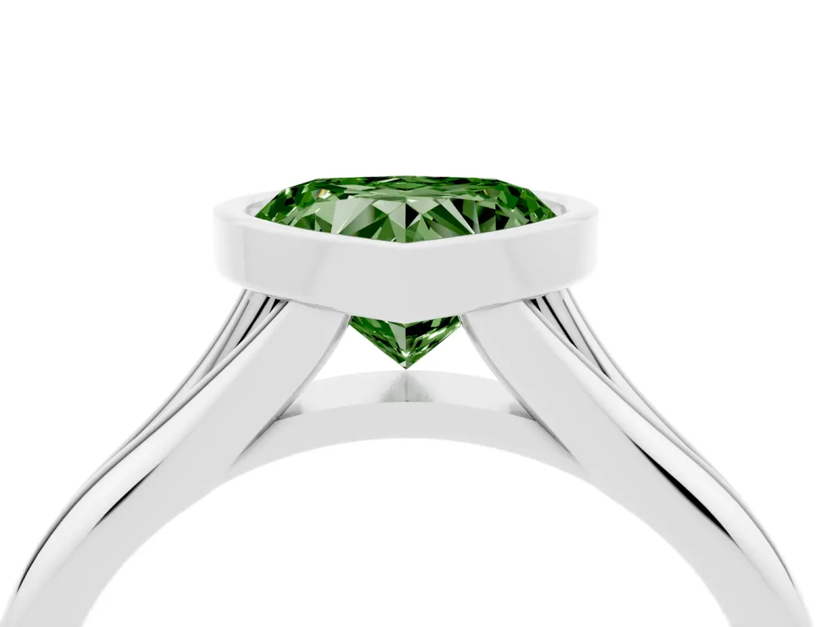 Fancy Green Bezel Set Heart Cut Solitaire Diamond Ring with Smooth Band Silver