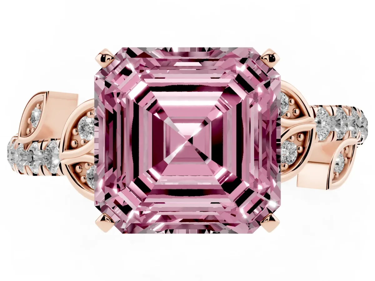 Fancy Pink Asscher Cut Solitaire Leaf-Inspired Diamond Ring with Pavé Band and Four-Prong Setting Rose gold