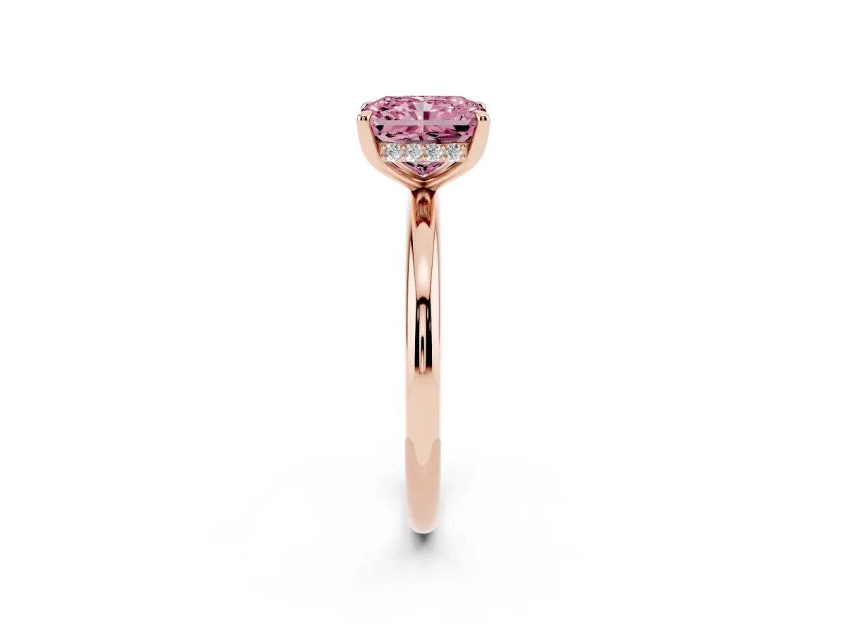 Fancy Pink Radiant Cut Diamond Solitaire Ring with Thin Band and Four-Prong Setting Rose gold
