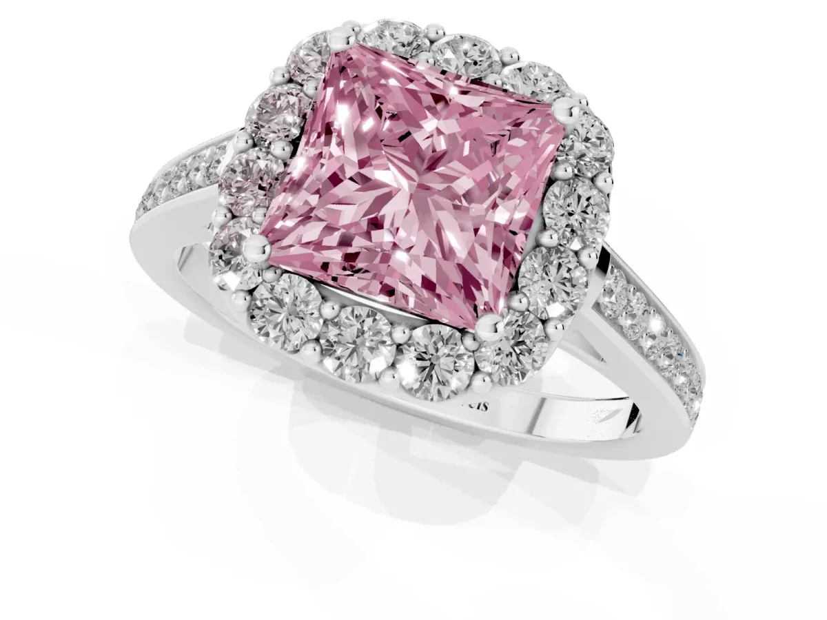 Fancy Pink Princess Cut Diamond Floral Halo Ring with Pavé Band and Prong Setting White gold