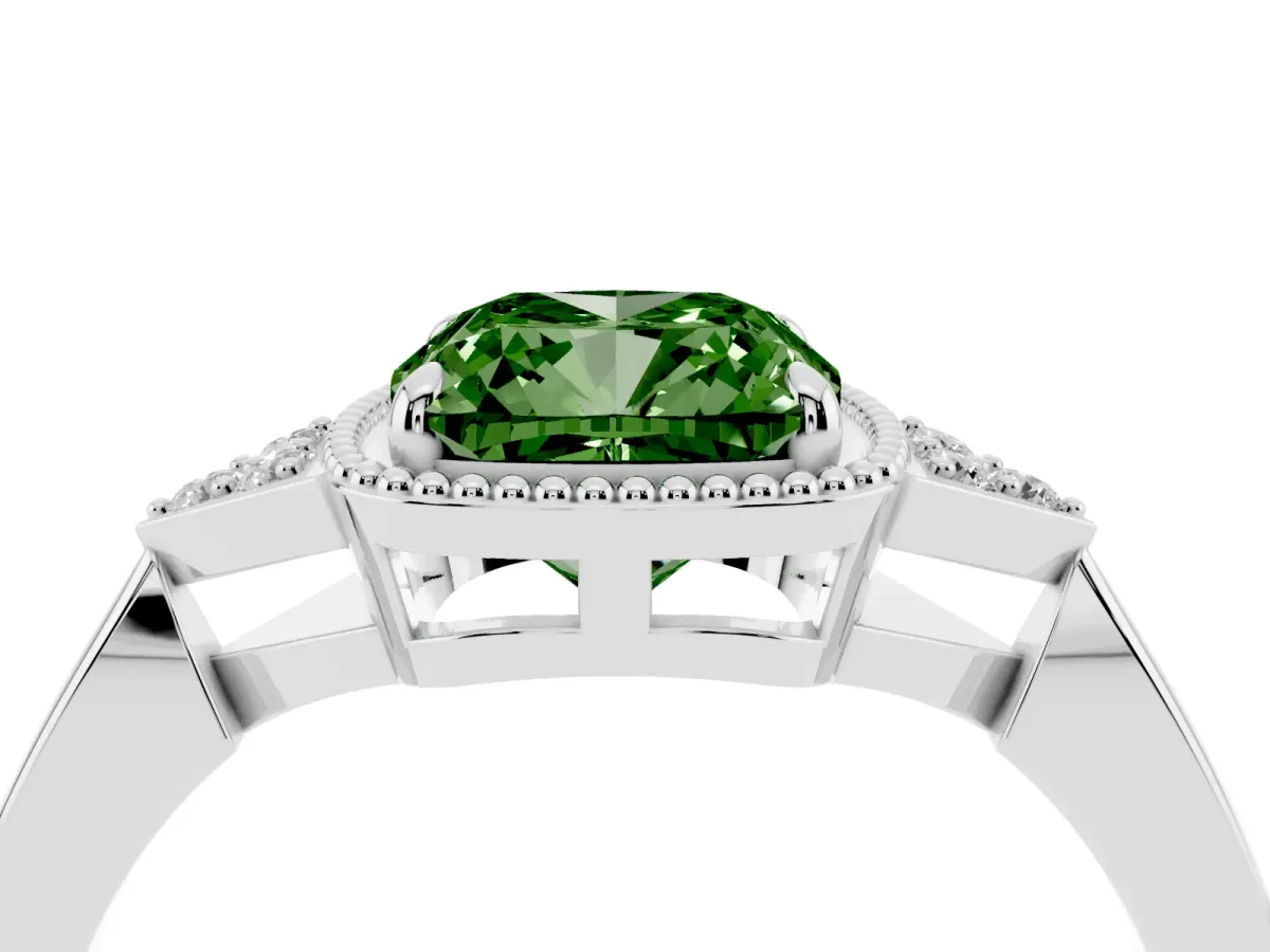 Fancy Green Hexagonal Halo Cushion Cut Diamond Solitaire with Pavé Band and Four-Prong Setting White gold