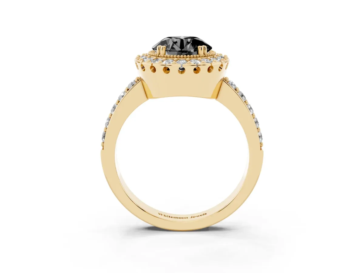 Fancy Black Round Cut Diamond Halo Ring with Pavé Band and Prong Setting Yellow gold