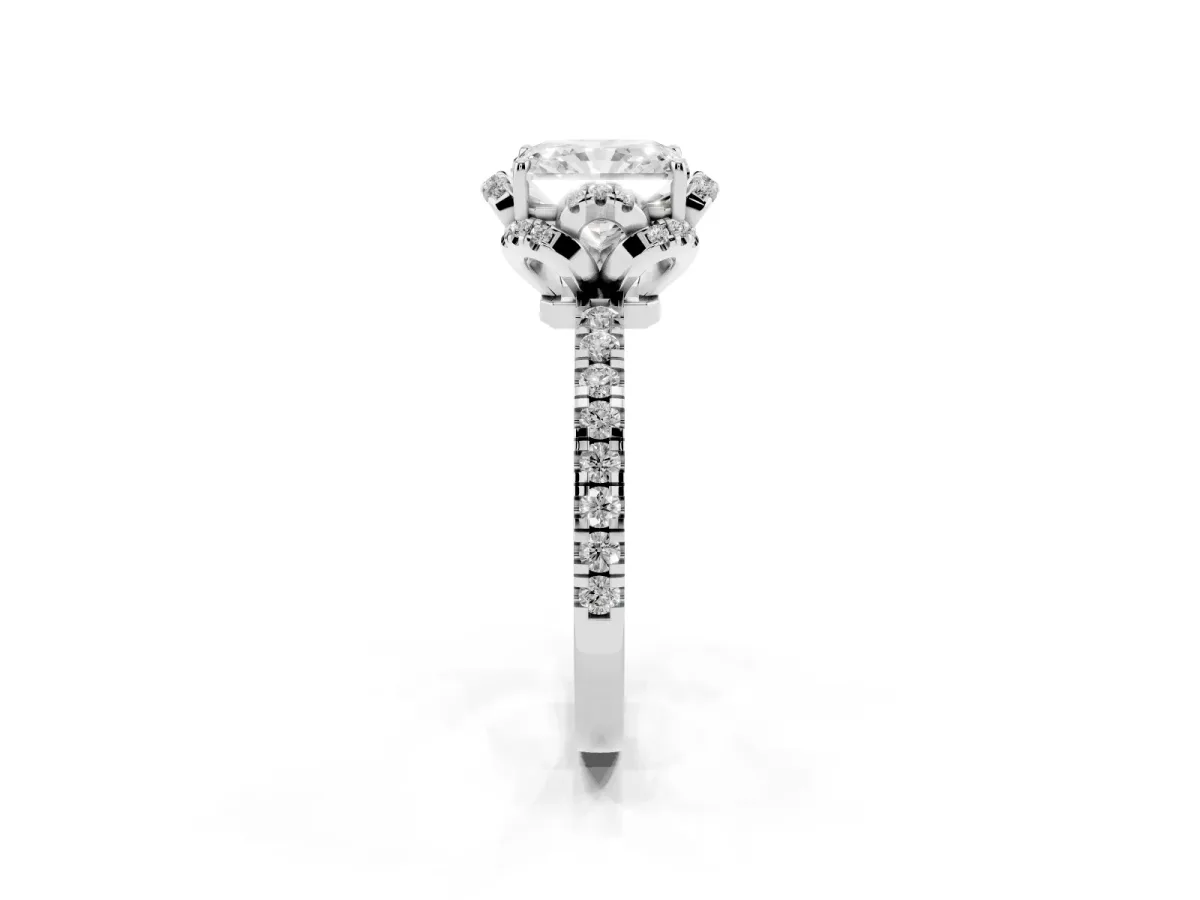Radiant Cut Diamond Halo Pave Band with Four-Prong Setting Silver