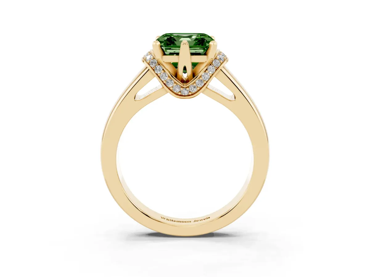 Fancy Green Asscher Cut Solitaire Diamond Ring with Pave Band and Six-Prong Setting Yellow gold