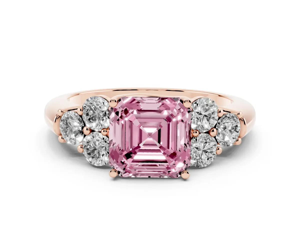 Fancy Pink Asscher Cut Cut Diamond Cluster Ring with Round Accent Stones and Prong Setting on a Classic Band Rose gold