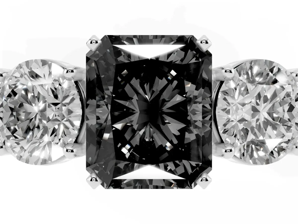 Fancy Black Three-Stone Radiant Cut Diamond Ring with Round Side Stones, Classic Band, and Four-Prong Setting Platinum