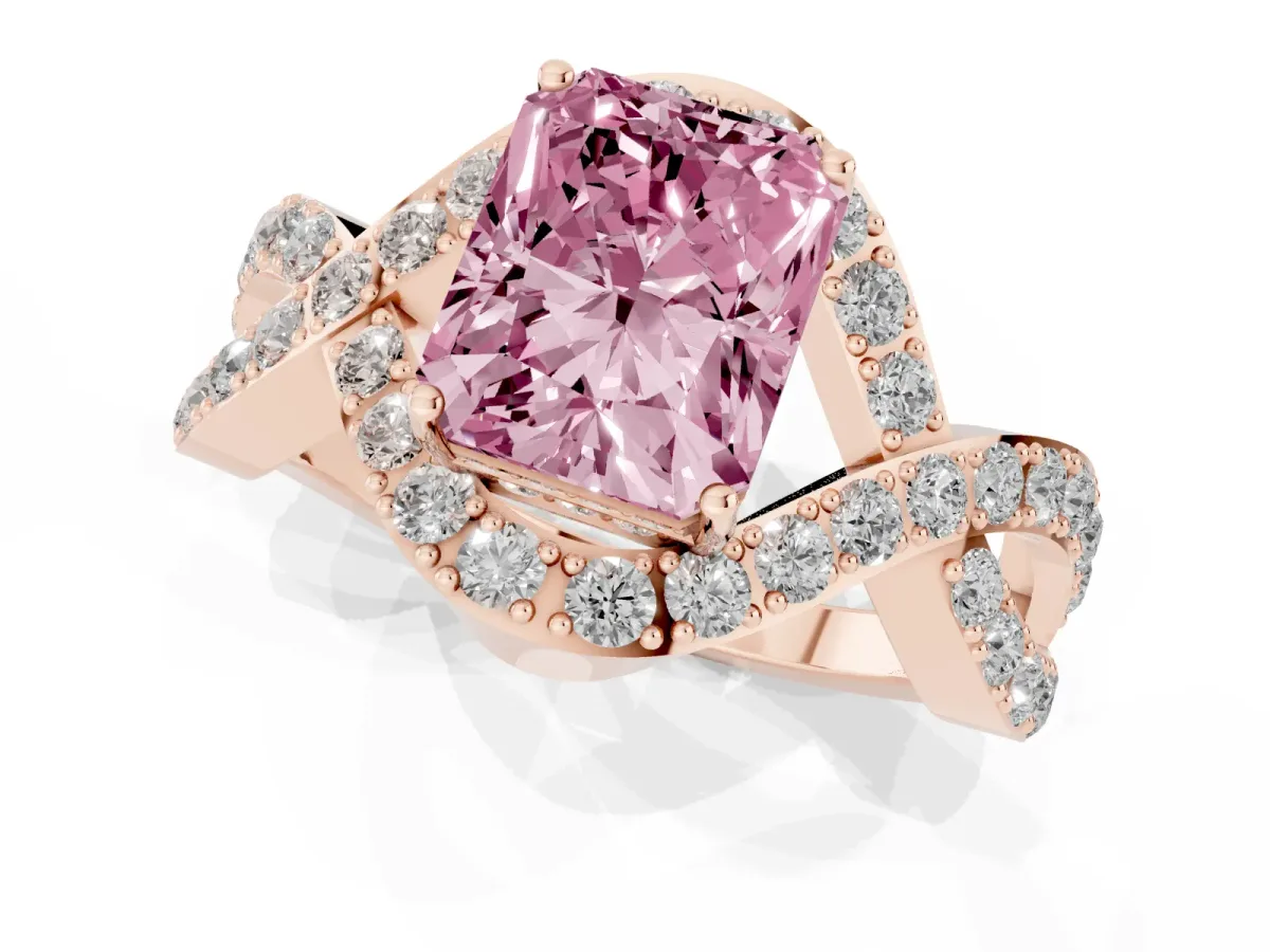 Fancy Pink Radiant Cut Solitaire Twist Band Pavé Diamond Engagement Ring Rose gold