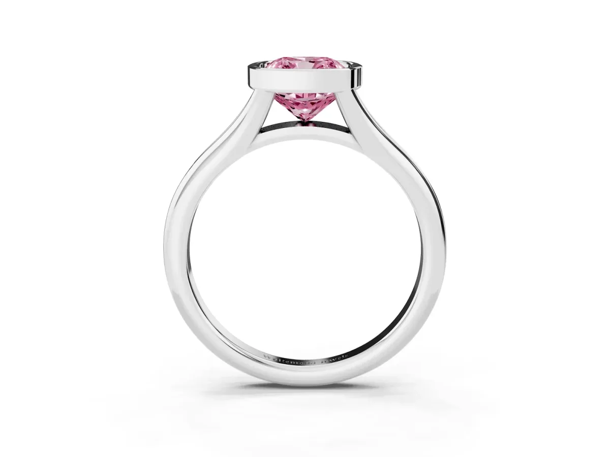 Fancy Pink Bezel Set Cushion Cut Solitaire Diamond Ring with Smooth Band Platinum