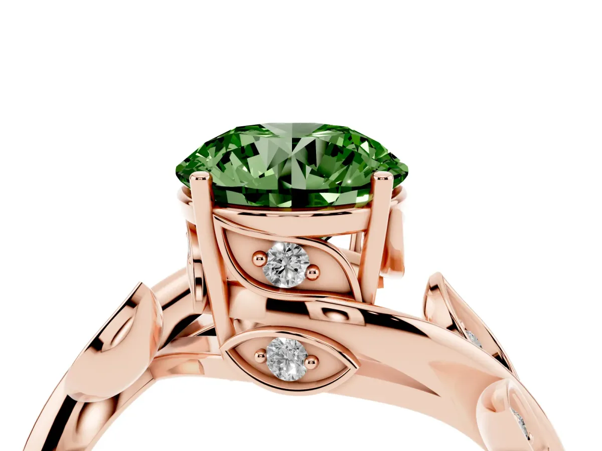 Fancy Green Round Cut Solitaire Twist Engagement Ring with Leaf Accents and Prong Setting Rose gold