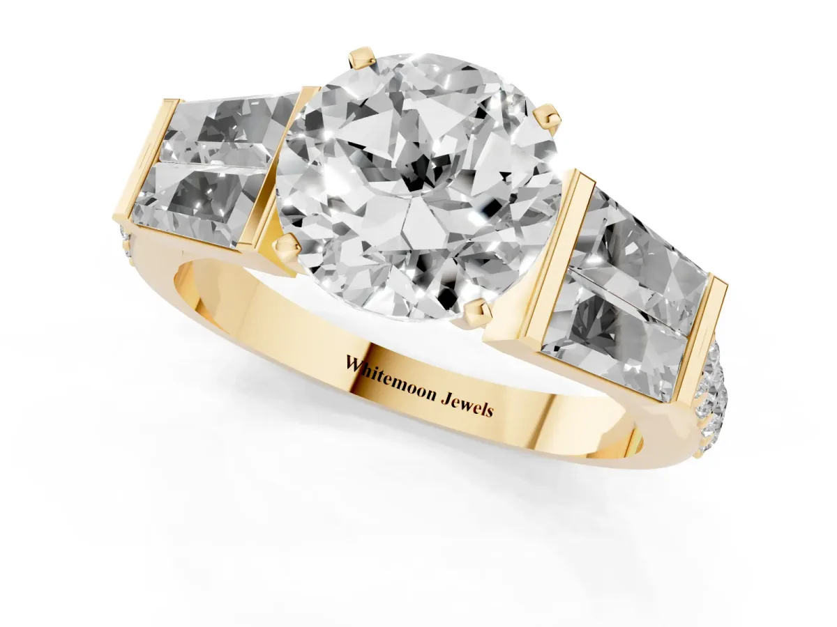 Round Cut Diamond Engagement Ring with Baguette Side Stones and Channel Set Band Yellow gold