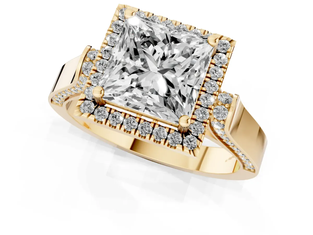 Princess Cut Halo Round Diamond Twist Band with Four-Prong Setting Yellow gold