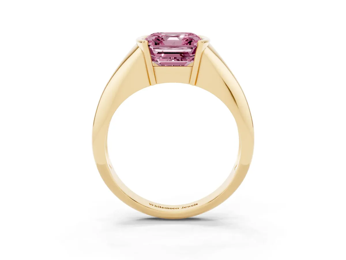 Fancy Pink Asscher Cut Solitaire Tension Set Diamond Ring Yellow gold