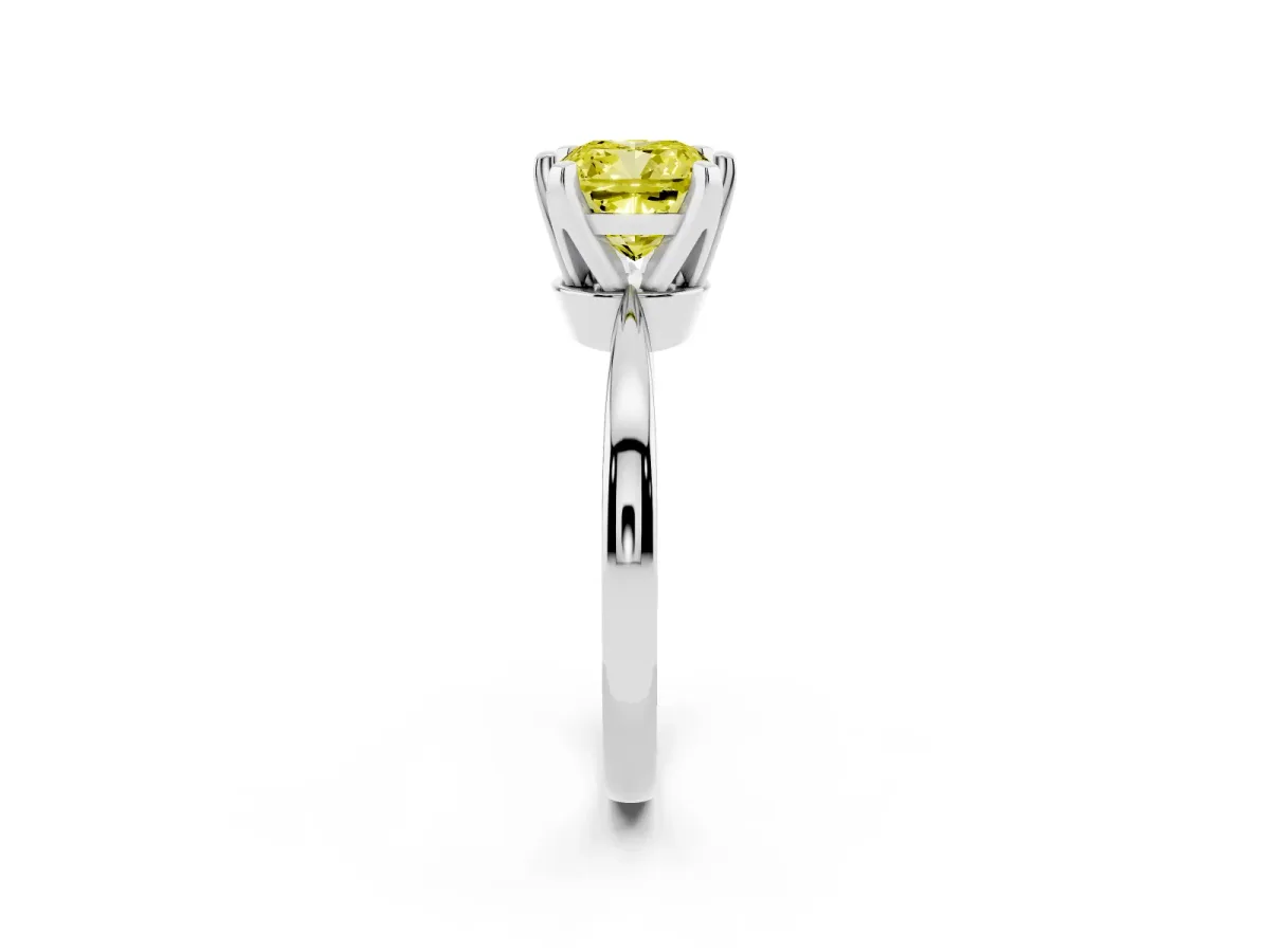 Fancy Yellow Cushion Cut Solitaire Engagement Ring with Six-Prong Setting and Tapered Band Platinum
