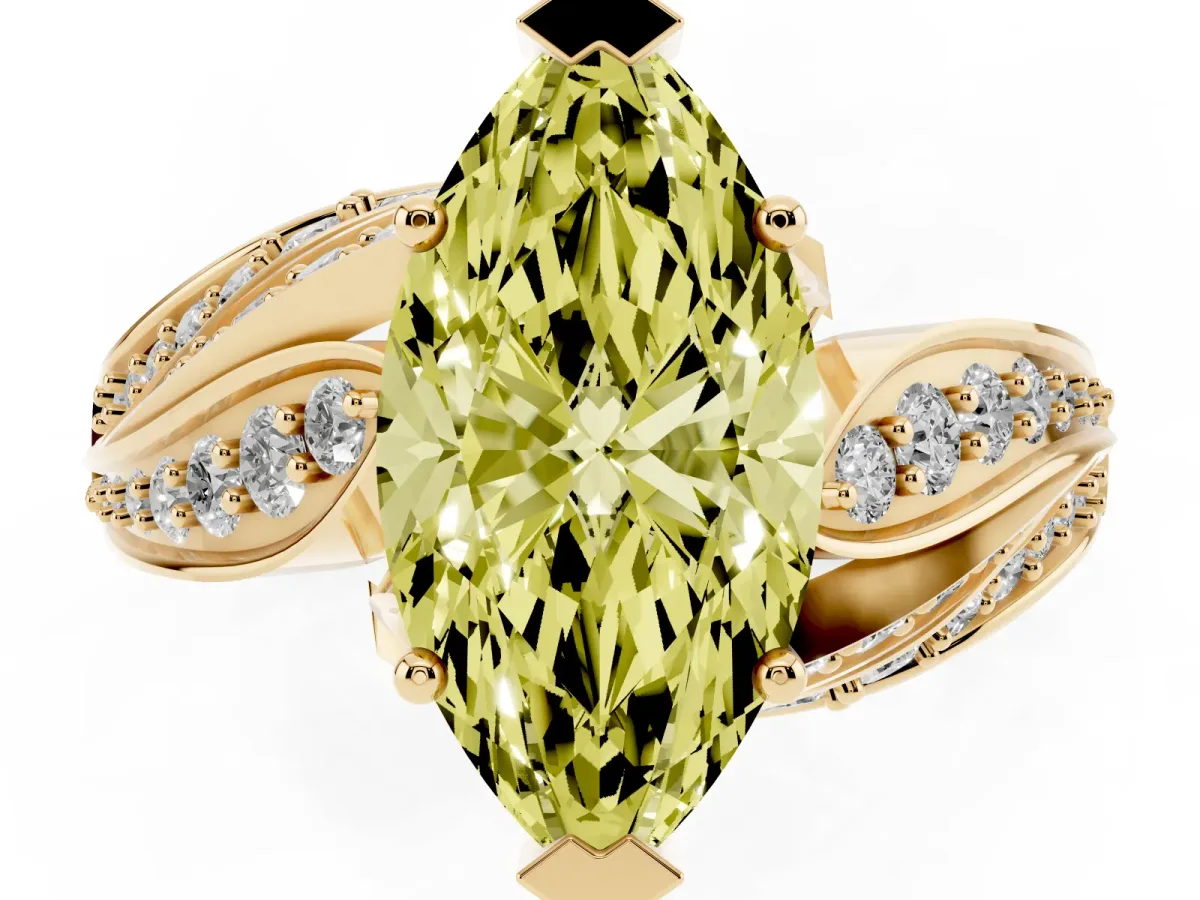 Fancy Yellow Marquise Cut Diamond Solitaire Ring with Prong Setting and Twisted Pavé Band Yellow gold