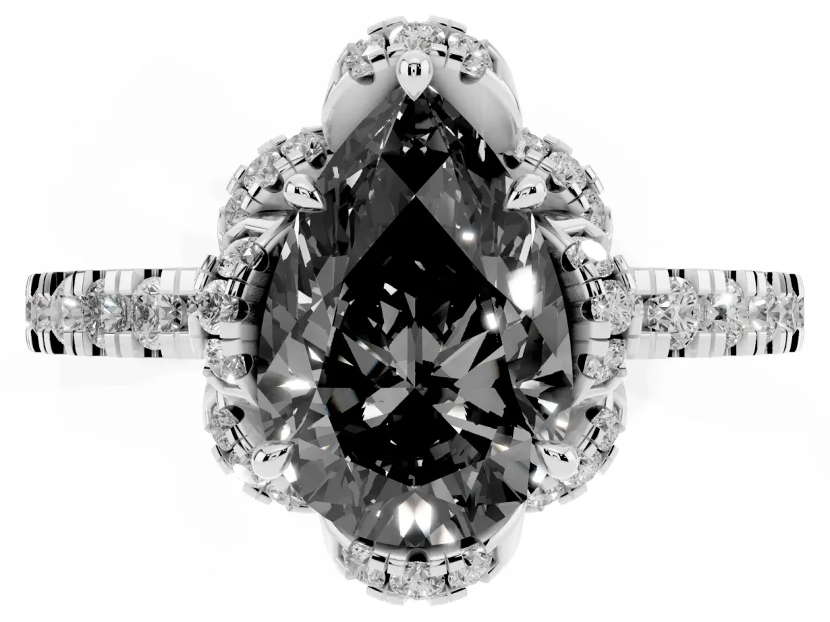 Fancy Black Pear Cut Diamond Halo Pave Band with Four-Prong Setting Silver