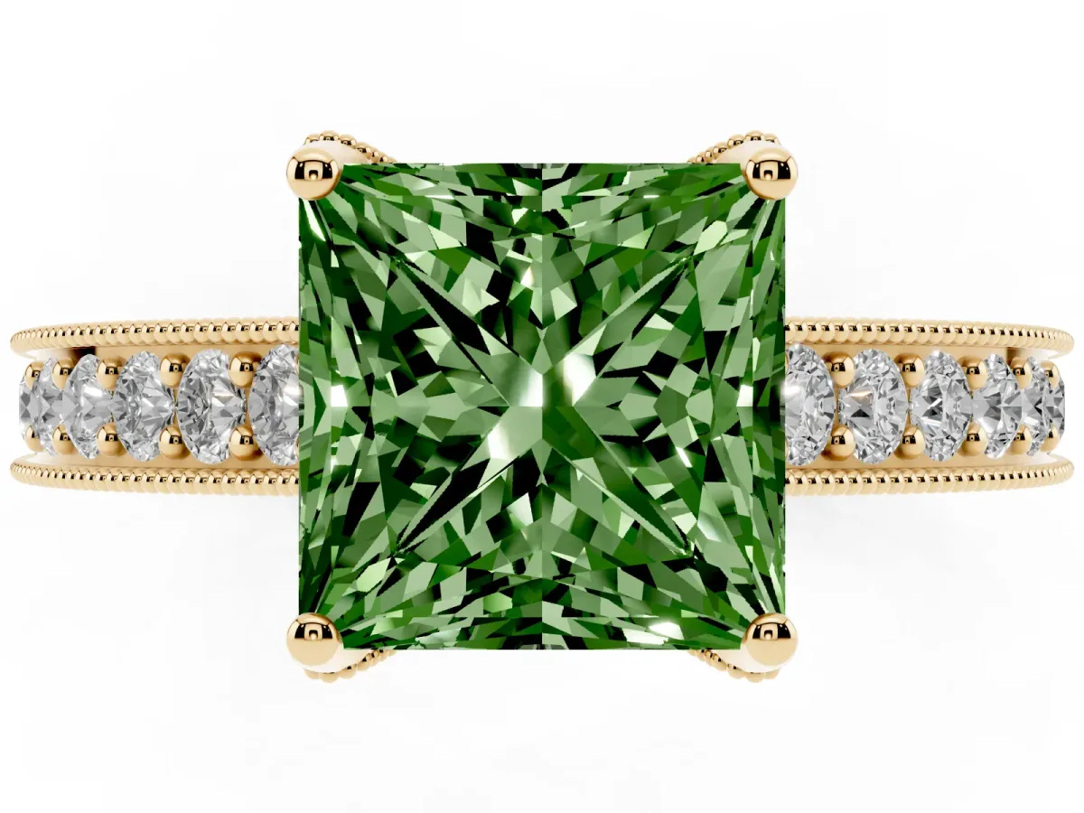 Fancy Green Princess Cut Cut Diamond Solitaire Ring with Milgrain Pave Band and Four Prong Setting Yellow gold