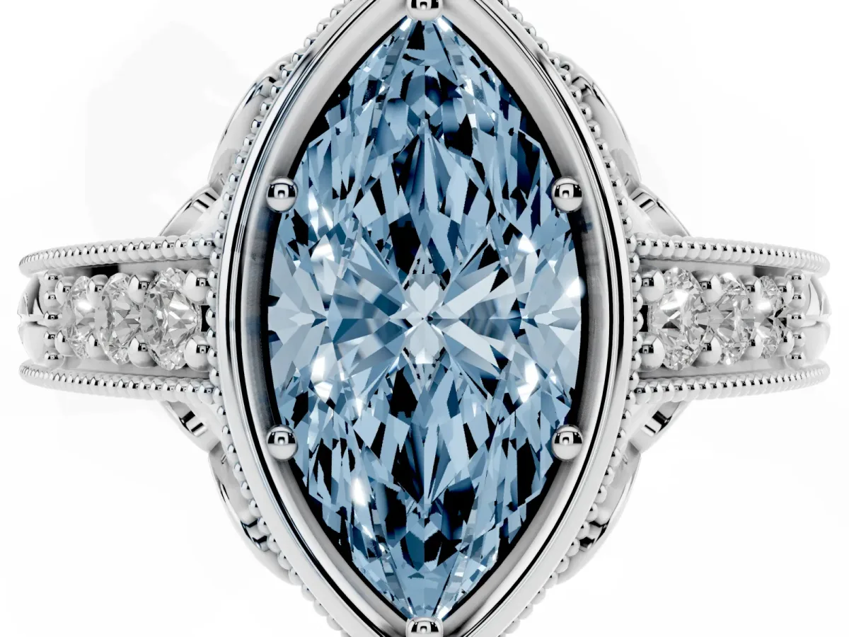 Fancy Blue Bezel Set Marquise Cut Diamond Milgrain Pave Engagement Ring Silver