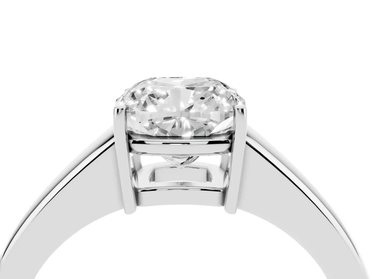 Cushion Cut Solitaire Diamond Ring with Tapered Band and Four-Prong Setting Silver