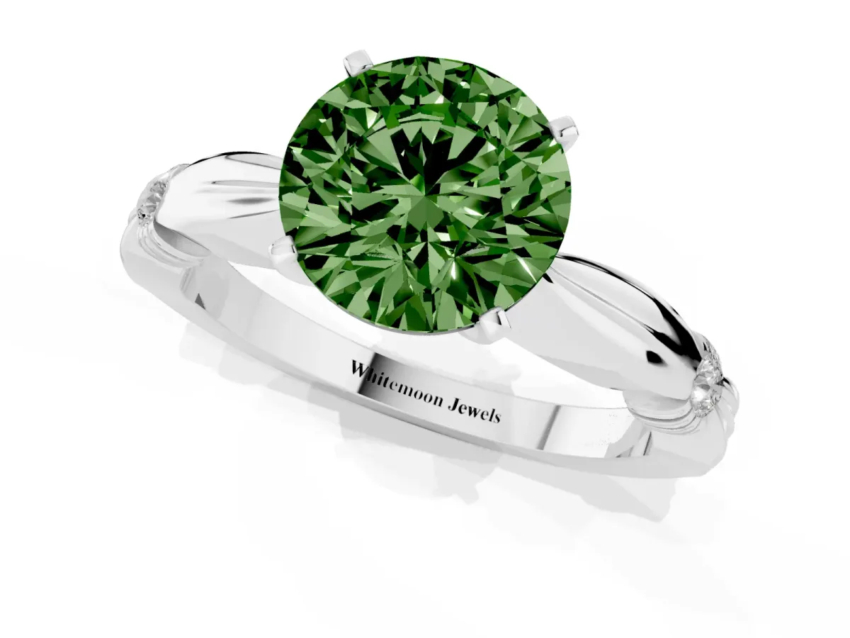 Fancy Green Round Cut Solitaire Diamond Twisted Band with Four-Prong Setting Platinum