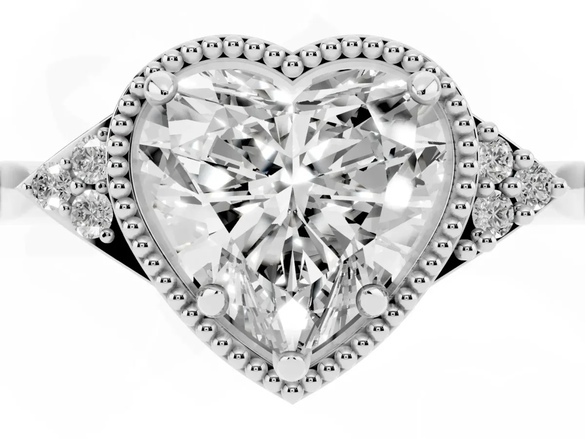 Hexagonal Halo Heart Cut Diamond Solitaire with Pavé Band and Four-Prong Setting Platinum