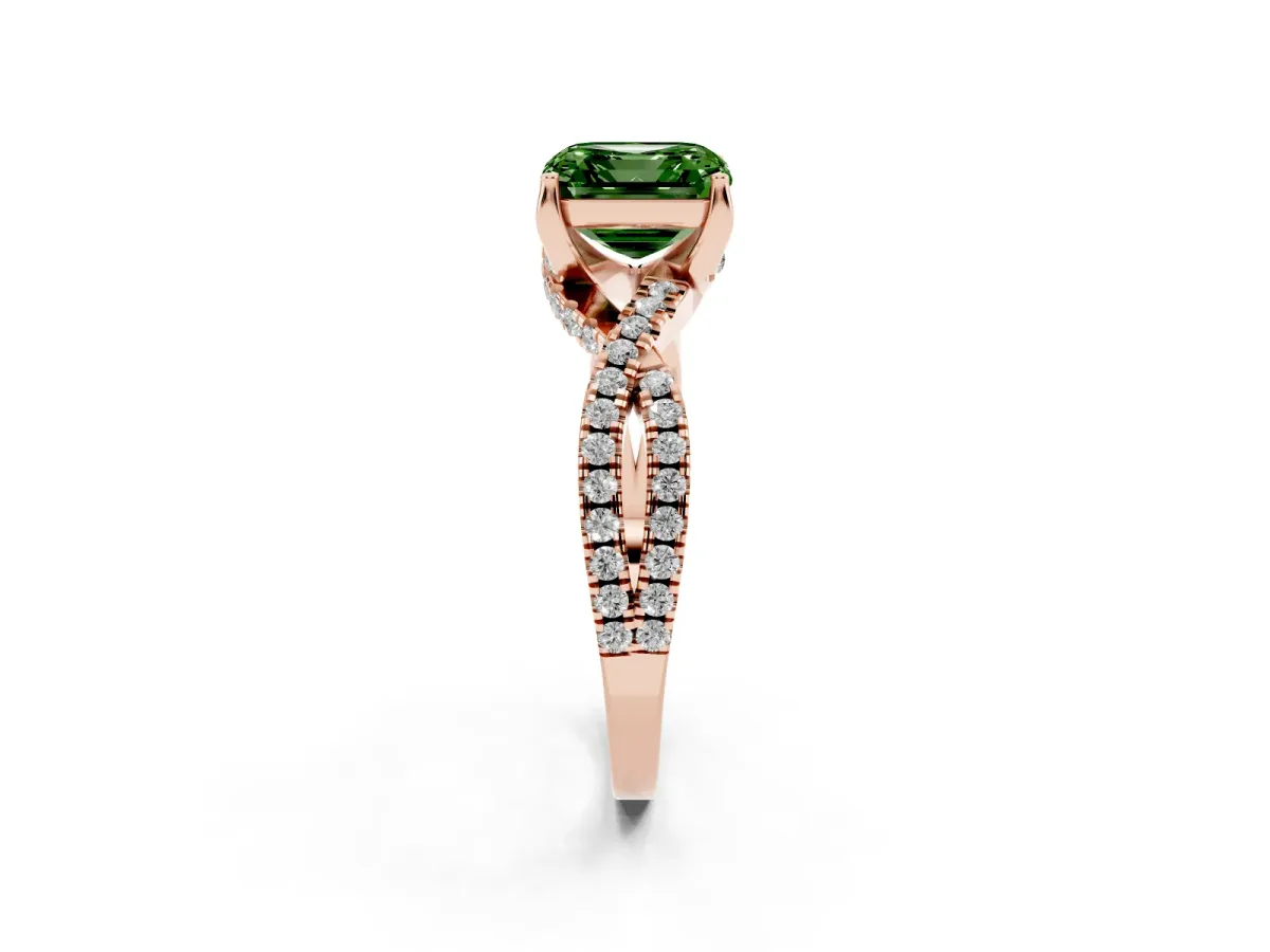 Fancy Green Asscher Cut Solitaire Twist Pave Diamond Engagement Ring with Prong Setting Rose gold