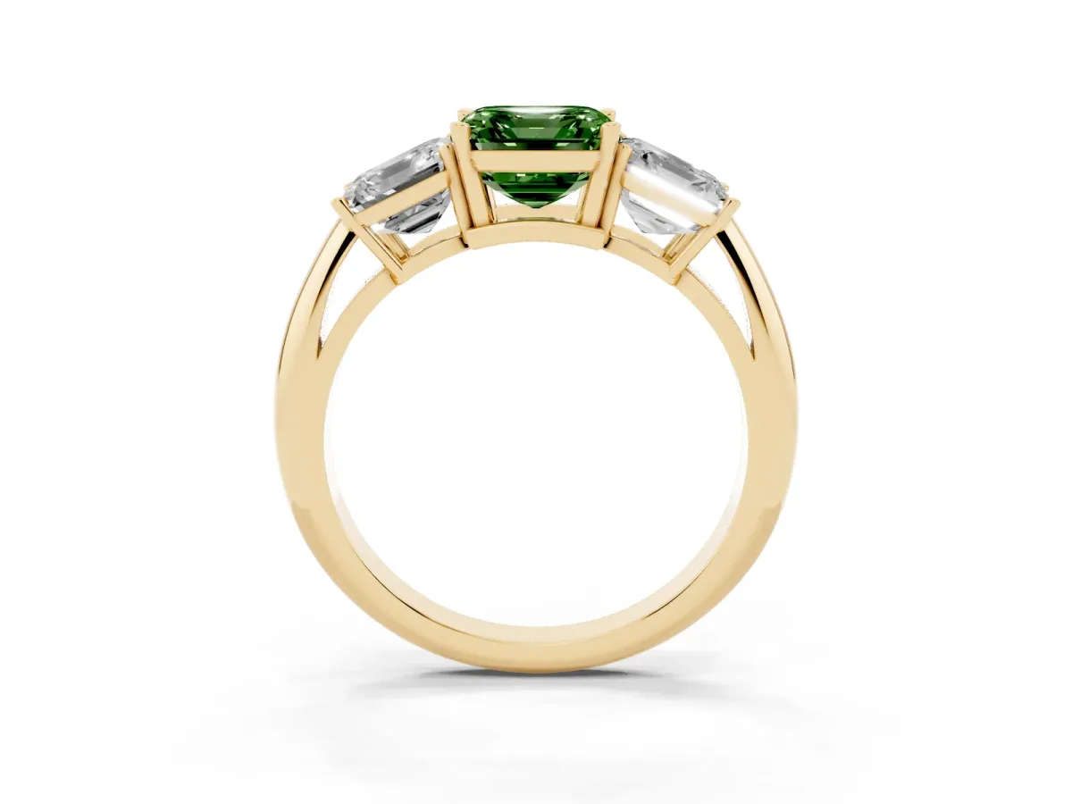 Fancy Green Three-Stone Asscher Cut Cut Diamond Engagement Ring with Prong Setting on a White Gold Band Yellow gold