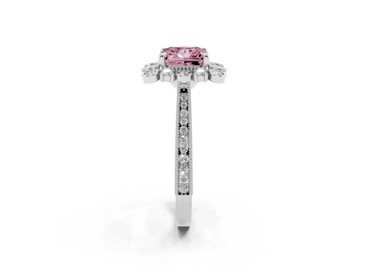 Fancy Pink Princess Cut Halo Milgrain Pave Diamond Ring with Four-Prong Setting Platinum