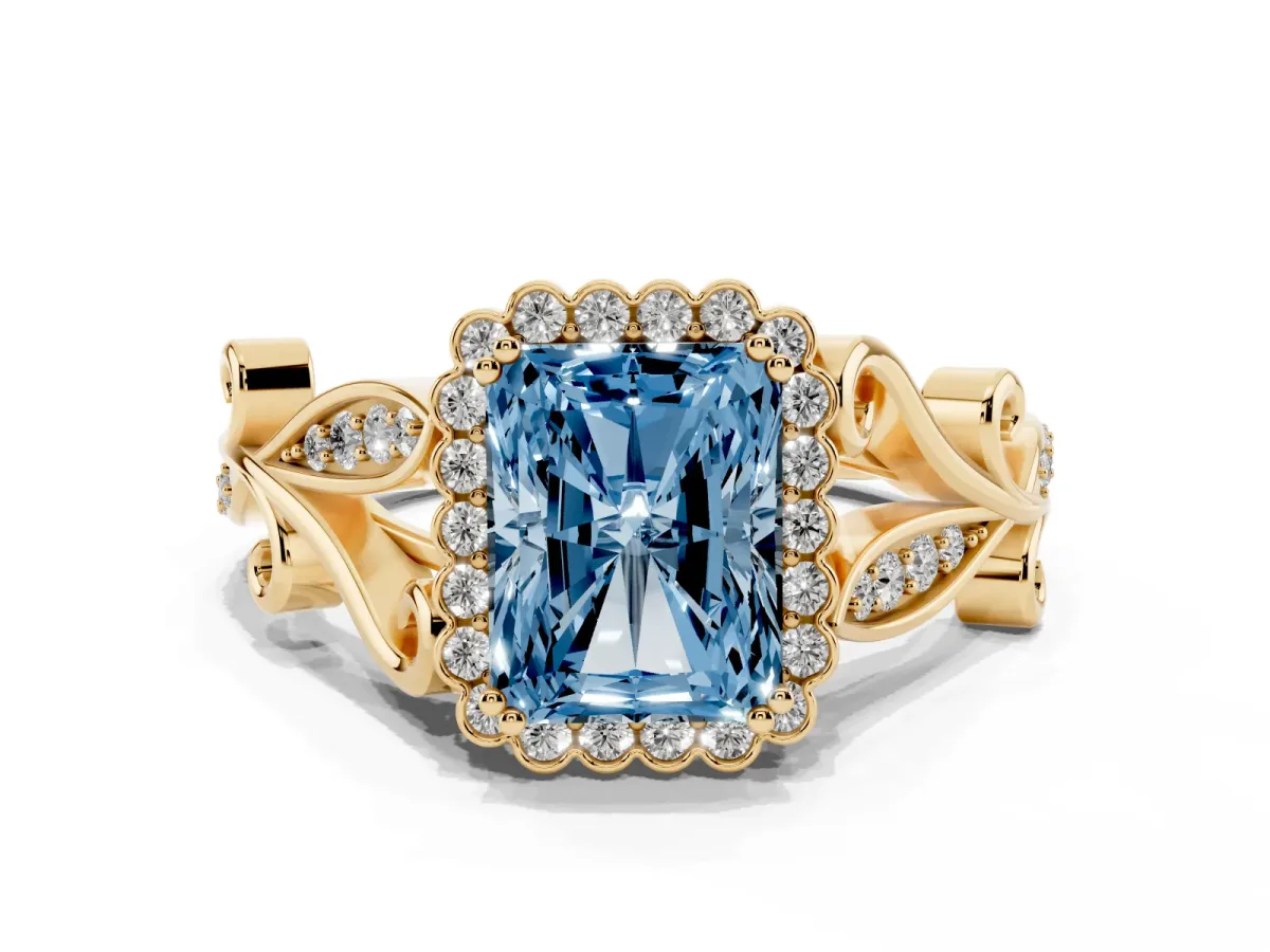 Fancy Blue Radiant Cut Diamond Halo Ring with Vintage Split Shank and Four-Prong Setting Yellow gold