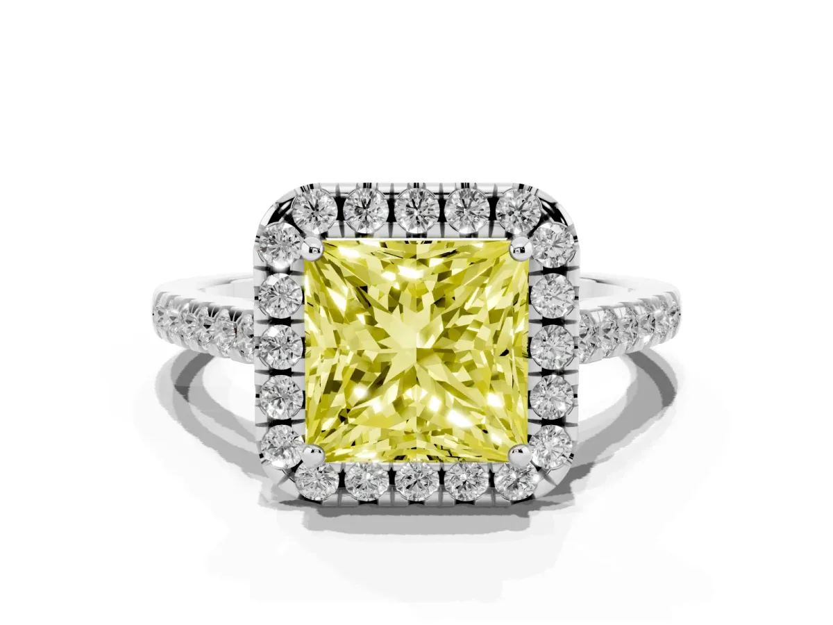 Fancy Yellow Princess Cut Halo Pave Diamond Engagement Ring with Four-Prong Setting Platinum