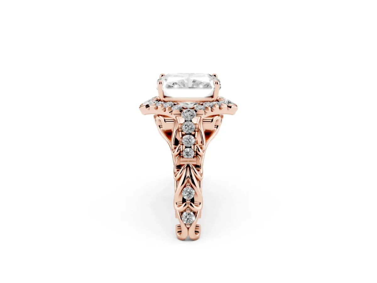Radiant Cut Diamond Solitaire Ring with Hidden Halo and Pavé Band Rose gold