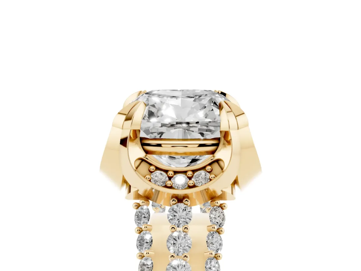 Cushion Cut Solitaire Pave Split Shank Ring with Four-Prong Setting Yellow gold